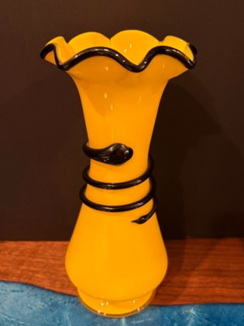 Czech Bohemian Tango Glass 10" Yellow with Black Spiral Threading Vase GLOWS